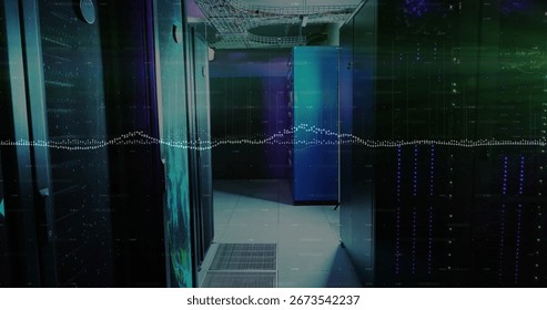 Glowing server cabinets lining narrow data center corridor, with LED indicators and cable trays. Technology, networking, cybersecurity, automation, industrial, futuristic, infrastructure