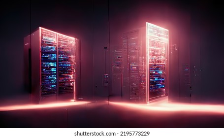 Glowing Server Room Arranging Cloud Storage Internet Networking Power Efficiency Machine Learning 3d Illustration