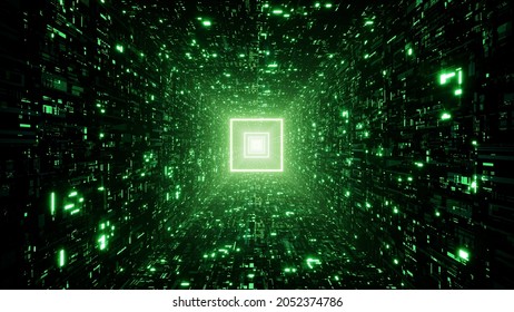 Glowing Square Matrix Tunnel 3D Rendering