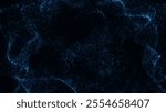 Glowing stardust small particles wave on black backdrop. Hi-tech galaxy dark abstract background. Light blue glitter texture illustration for wallpaper, banner, presentation, cover, poster, web design