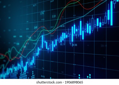 Glowing Stock Chart With Candlestick And Big Data Index Grid. Trading And Finance Concept. 3D Rendering