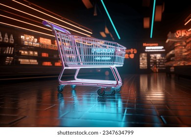 Glowing supermarket sign boasts cart and digital touch, enhancing modern shopping ambiance. - Powered by Shutterstock