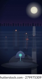 A glowing teal dome structure emits a vertical beam of light into a dark nocturnal cityscape beneath a luminous full moon, with mysterious floating rectangular monoliths and a jagged red energy streak hovering above.