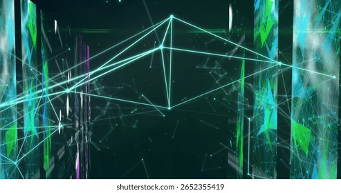 Glowing teal-green network structure pulsing in cyber interface, with nodes, lines and particles. Futuristic, digital, abstract, technology, innovation, cybersecurity, data visualization
