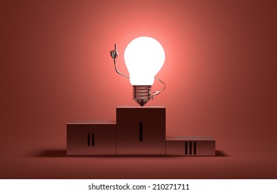 Glowing tungsten light bulb character on podium in moment of insight on red textured background - Shutterstock ID 210271711