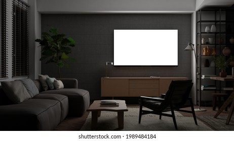 Glowing TV Screen Mock Up At Night In The Living Room With Concrete Wall. 3d Illustration