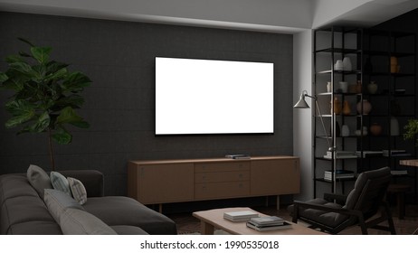 Glowing TV Screen Mock Up At Night In The Living Room With Concrete Wall. 3d Illustration