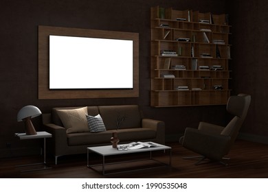 Glowing TV Screen Mock Up At Night In The Living Room With Brown Wall. 3d Illustration