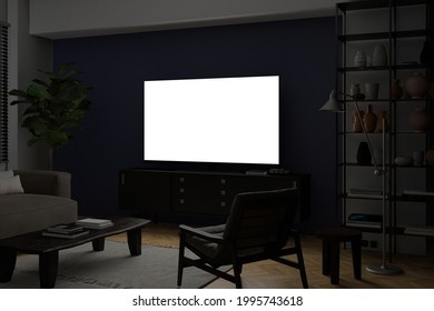 Glowing TV Screen Mock Up At Night In The Living Room With Blue Wall. 3d Illustration