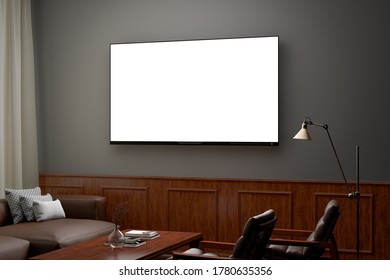 Glowing TV Screen At Night Mockup In Classic Decoration Living Room. Side View. Clipping Path Around Screen. 3d Illustration