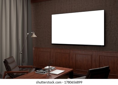 Glowing TV Screen At Night Mockup In Classic Decoration Living Room. Side View. Clipping Path Around Screen. 3d Illustration