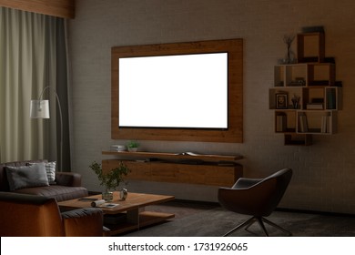 Glowing TV Screen At Night On The White Brick Wall  Of Modern Living Room. Clipping Path Around Screen. 3d Illustration