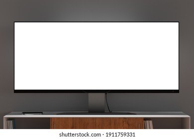 Glowing TV Wide Screen At Night On The TV Stand In Living Room With White Wall. Front View. 3d Illustration