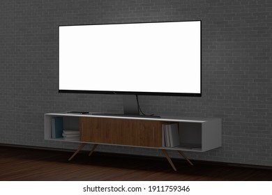 Glowing TV Wide Screen At Night On The TV Stand In Iving Room With White Brick Wall. Side View. 3d Illustration