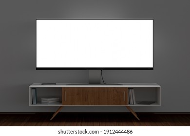 Glowing TV Wide Screen At Night On The TV Stand In Living Room With White Wall. Front View. 3d Illustration