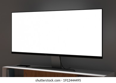 Glowing TV Wide Screen At Night On The TV Stand In Living Room With White Wall. Side View. 3d Illustration