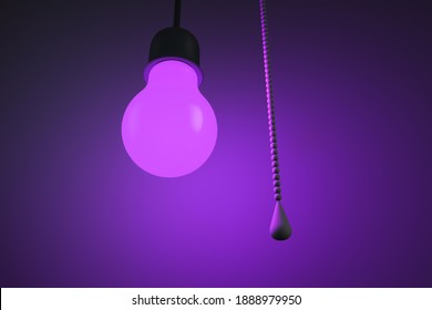 Glowing UV Light Bulb And Rope Switch. 3d Rendering