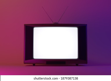 Glowing vintage TV receiver on a purple background. 3d illustration