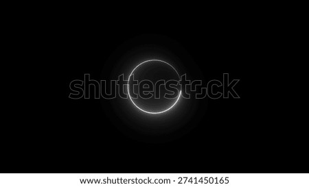 A glowing white circle with a small gap is centered on a solid black background. The circle is outlined in white and has a subtle glow effect around it. The is a simple silhouette with a striking contrast between the bright circle and the dark background.