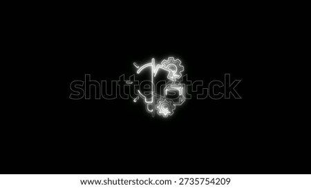 A glowing white neon featuring interconnected gears a lightbulb and mechanical parts on a dark background