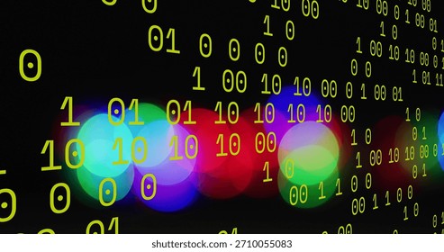 Glowing yellow binary digits forming vertical columns over digital studio, with colorful bokeh. Neon, data, code, abstract, matrix, lights, grid