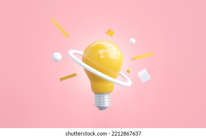 Glowing Yellow Bulb With Ball Ring Modern Geometry. Concept Of Creativity, New Innovation Knowledge, And Learning. 3D Rendering Illustration