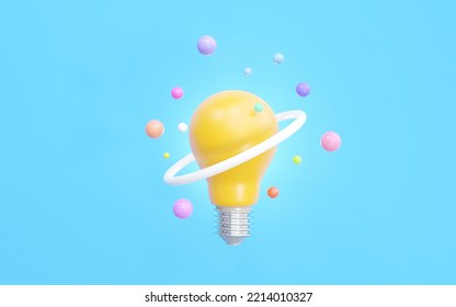 Glowing Yellow Bulb With Ball Ring Modern Geometry. Concept Of Creativity, New Innovation Knowledge, And Learning. 3D Rendering Illustration