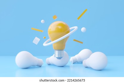 Glowing Yellow Bulb With Ball Ring Modern Geometry. Concept Of Creativity, New Innovation Knowledge, And Learning. 3D Rendering Illustration