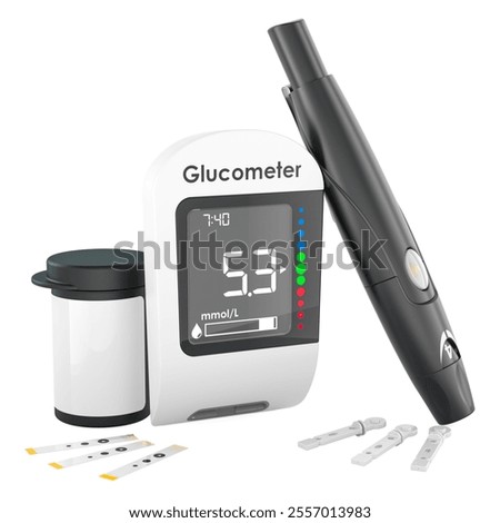 Glucose meter, adjustable lancing device and glucose test strip container with disposable test strips. 3D rendering isolated on white background