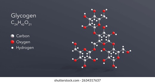 glycogen molecule 3d rendering, flat molecular structure with chemical formula and atoms color coding
