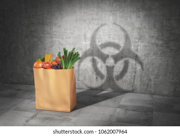 GMO concept. Danger food. Pack full of products cast shadow in form of biohazard sign. 3d illustration