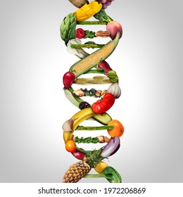 GMO Food And Genetically Modified Crops Or Engineered Agriculture Concepts Fruit And Vegetables As A DNA Strand Symbol With 3D Illustration Elements.