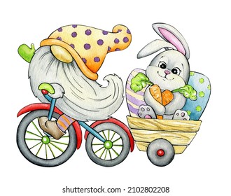 Gnome, Bicycle, Bunny, Easter Eggs. Watercolor Clipart, On An Isolated Background, In Cartoon Style.