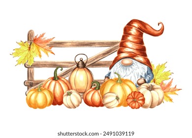 Gnome with Pumpkins, lantern and maple leaves near the fence. Hand drawn watercolor illustration isolated. Cartoon character for Fall decor and Thanksgiving. Autumn clipart for sticker, card, print. - Powered by Shutterstock