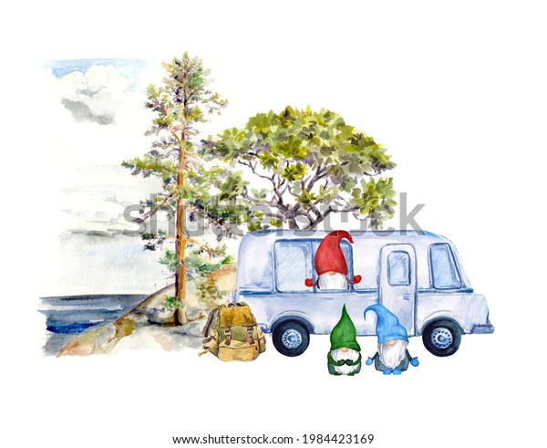 Gnome travel -\
trailer car, pine tree and lake landscape, gnomes family. Summer\
trip, automobile tourism\
watercolor
