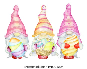 Gnomes, Easter eggs, wicker basket with Easter eggs. Watercolor concert, in cartoon style, for Easter, postcards, and children's prints.