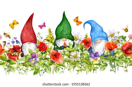 Gnomes family in summer flowers and butterflies. Watercolor meadow grass, wild plants. Seamless floral frame. Beautiful fairy tale horizontal border. 