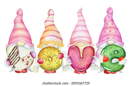 Gnomes, holding donuts, the word love,Watercolor clipart, cartoon style, on an isolated background, for the holiday, Valentine's Day