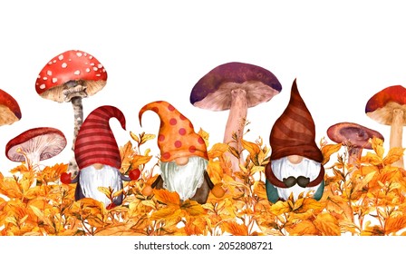 Gnomes   mushrooms in autumn leaves   grass repeated border strip  Watercolor family nordic dwarf  Seamless natural frame