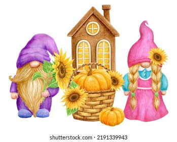Gnomes and pumpkin   sunflowers in basket background country house  Thanksgiving Harvest Day card design  Watercolor drawing 