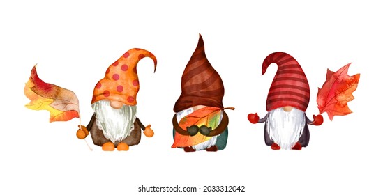 Gnomes Set With Autumn Leaves. Watercolor Collection - Family Of Nordic Dwarfs