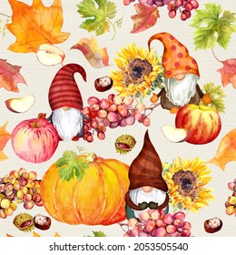 Gnomes In Thanksgiving - Pumpkin, Sunflowers, Autumn Leaves, Fruits, Vegetables. Thanks Giving Watercolor Seamless Pattern. Holiday Repeating Backdrop