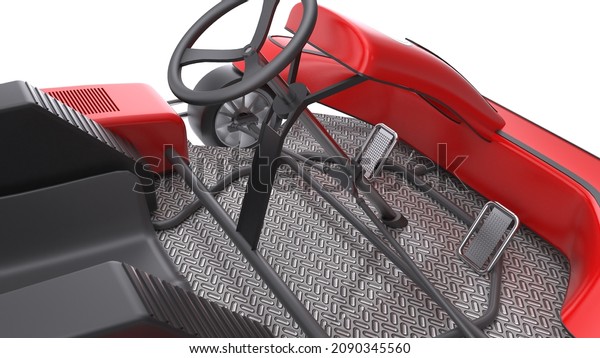 Go kart car isolated on\
white background.Red car.Gearbox.View from inside the car.3d\
rendering.