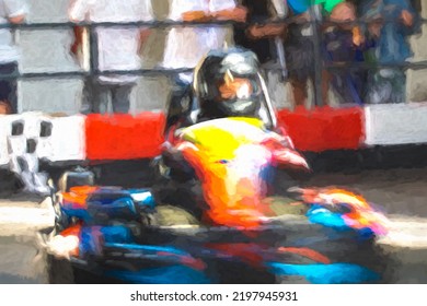 Go Kart During An Indoor Race Event. Movement, Speed And Full Colors All In One Artistic Illustration.