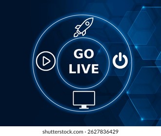 go live tech concept.The point at which a new system, software, or service is officially launched or made operational.