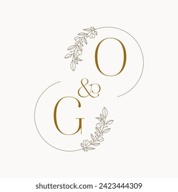 GO Logo initials wedding monogram logo design in simple brown circle leaf frame