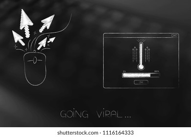 Go Viral Online Conceptual Illustration: Clickrate Icon Next To Pop-up Message With Thermometer And Progress Bar Loading