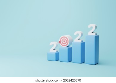 Goal Achievement. Ambition Aiming Growth To Success. Dartboard And Arrow With Year 2022 On Graph Bar. 3d Rendering Illustration