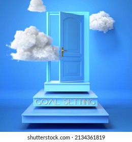 Goal setting and success, progress and effort - concept 3d render. Ideas of work and goals symbolized by steps leading to an opening doors within clouds., 3d illustration