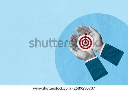 Goal and target, action plan, development and strategy concept. Creative art collage of hand holding paper cut with target icon for success